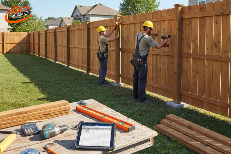 Person working on fence repair with tools nearby